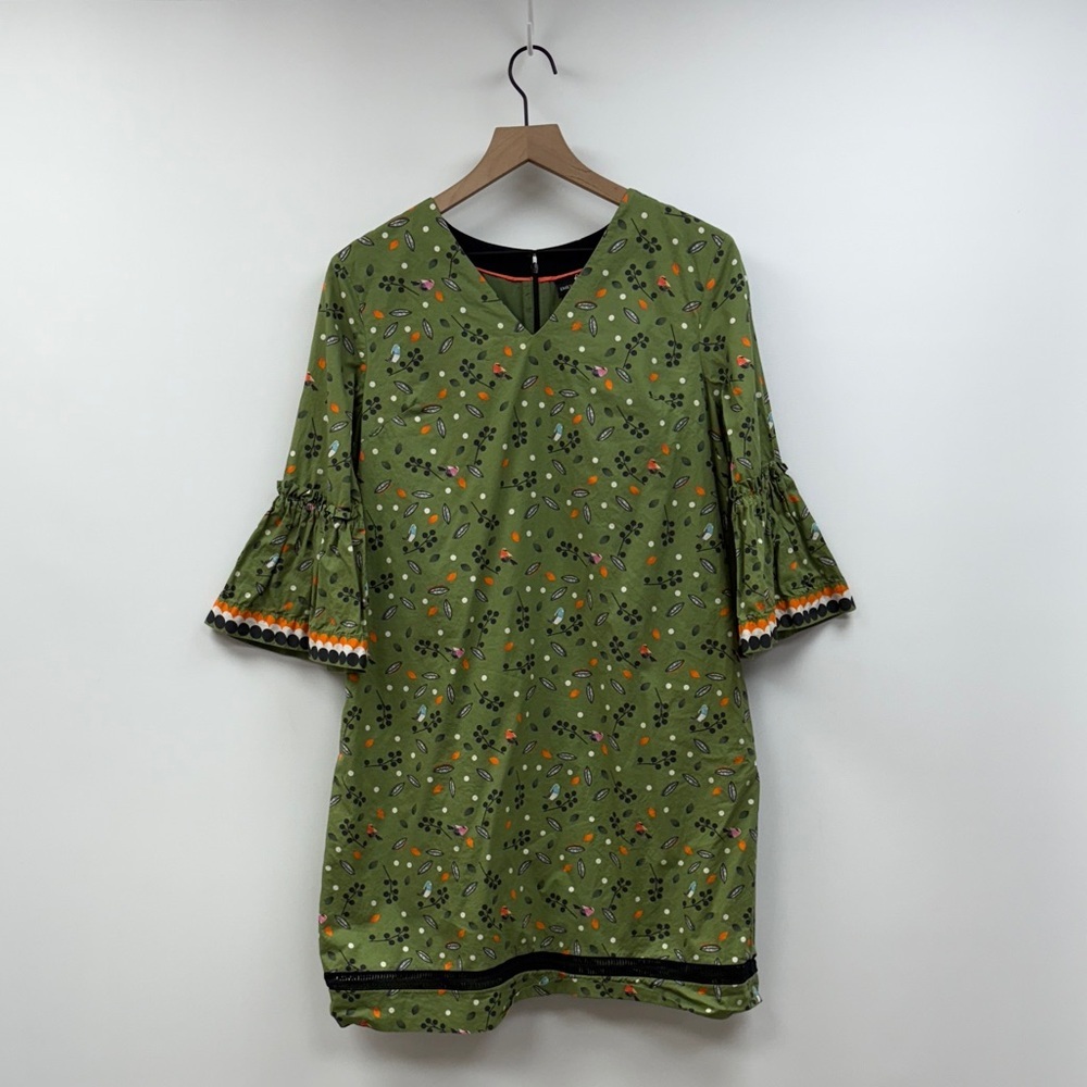 Emily Lovelock Bird Leaf Bell Sleeve A-Line Mini Dress Novelty Print Green 6